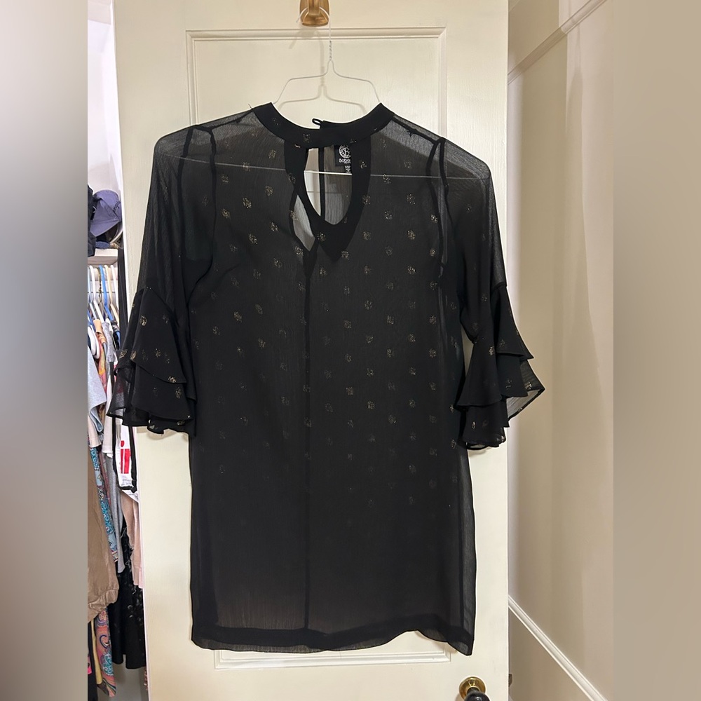 Bobeau Black Sheer Dress with Ruffle Sleeves and Slip underneath.